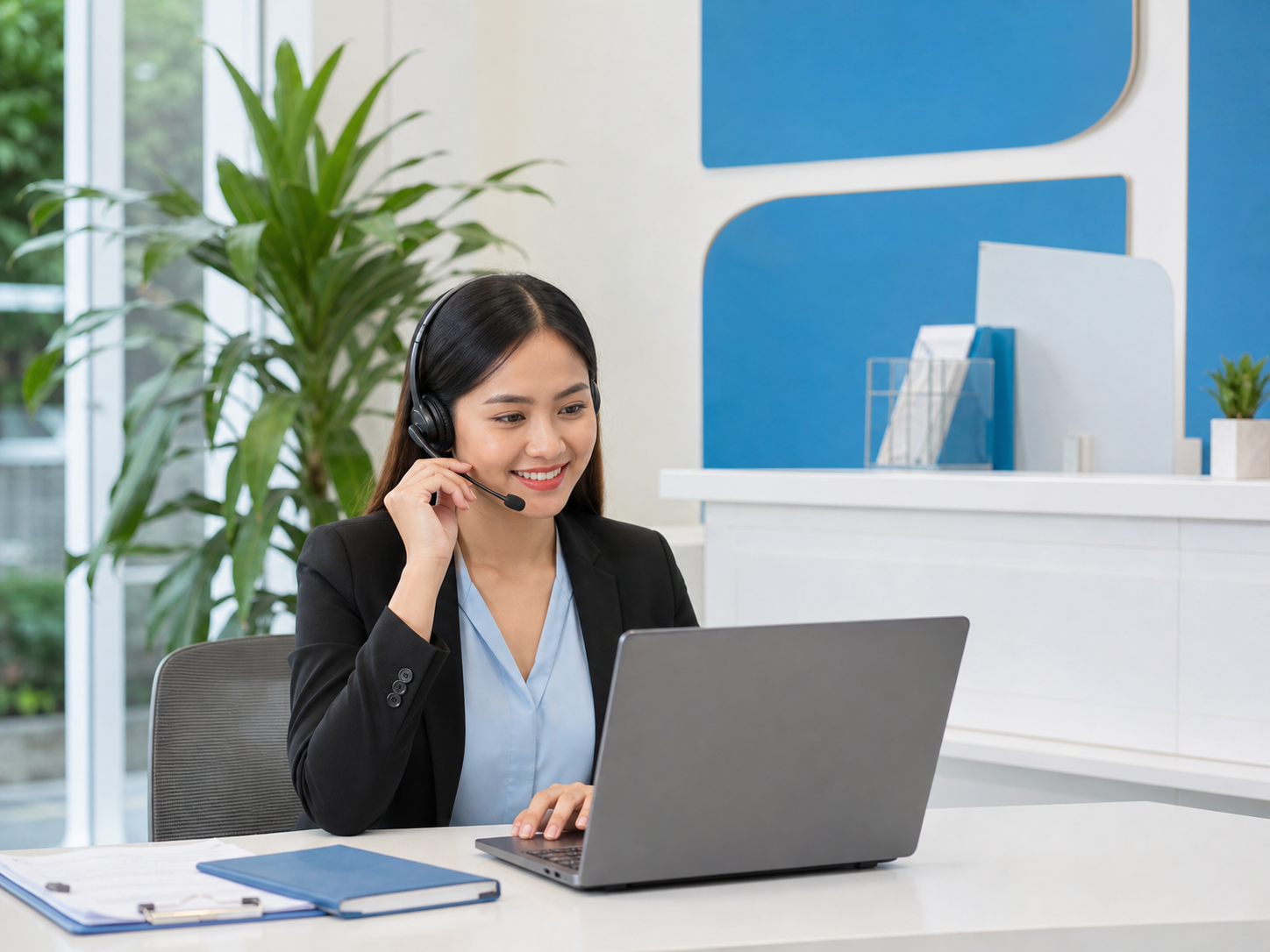 Filipino customer support advisor at a lending office desk