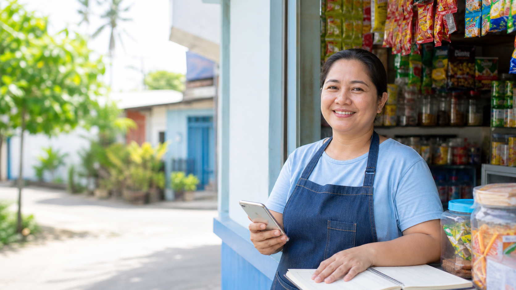 Filipino small business owner using a phone at a local shop