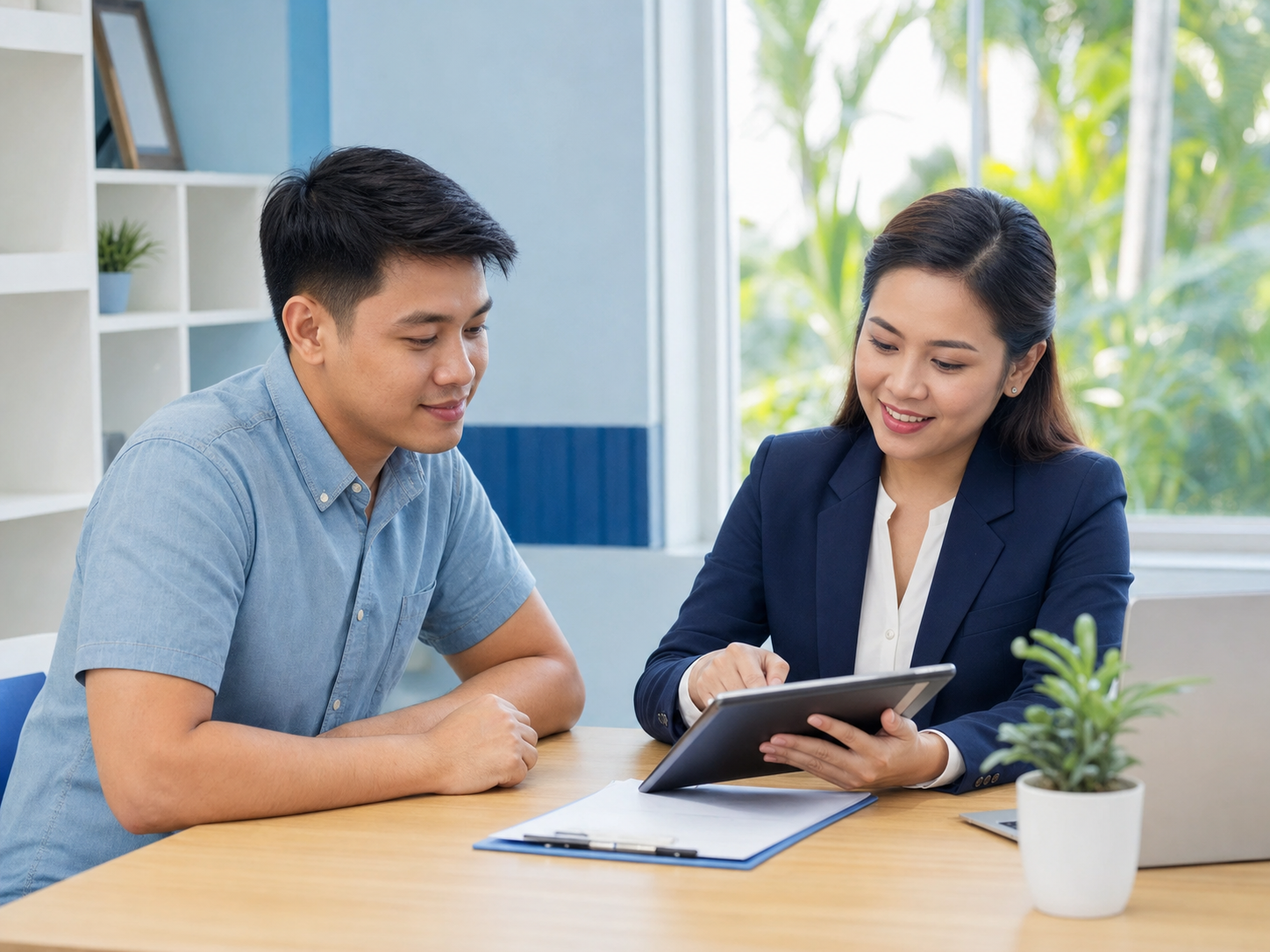 Filipino lending specialist reviewing loan details with a client